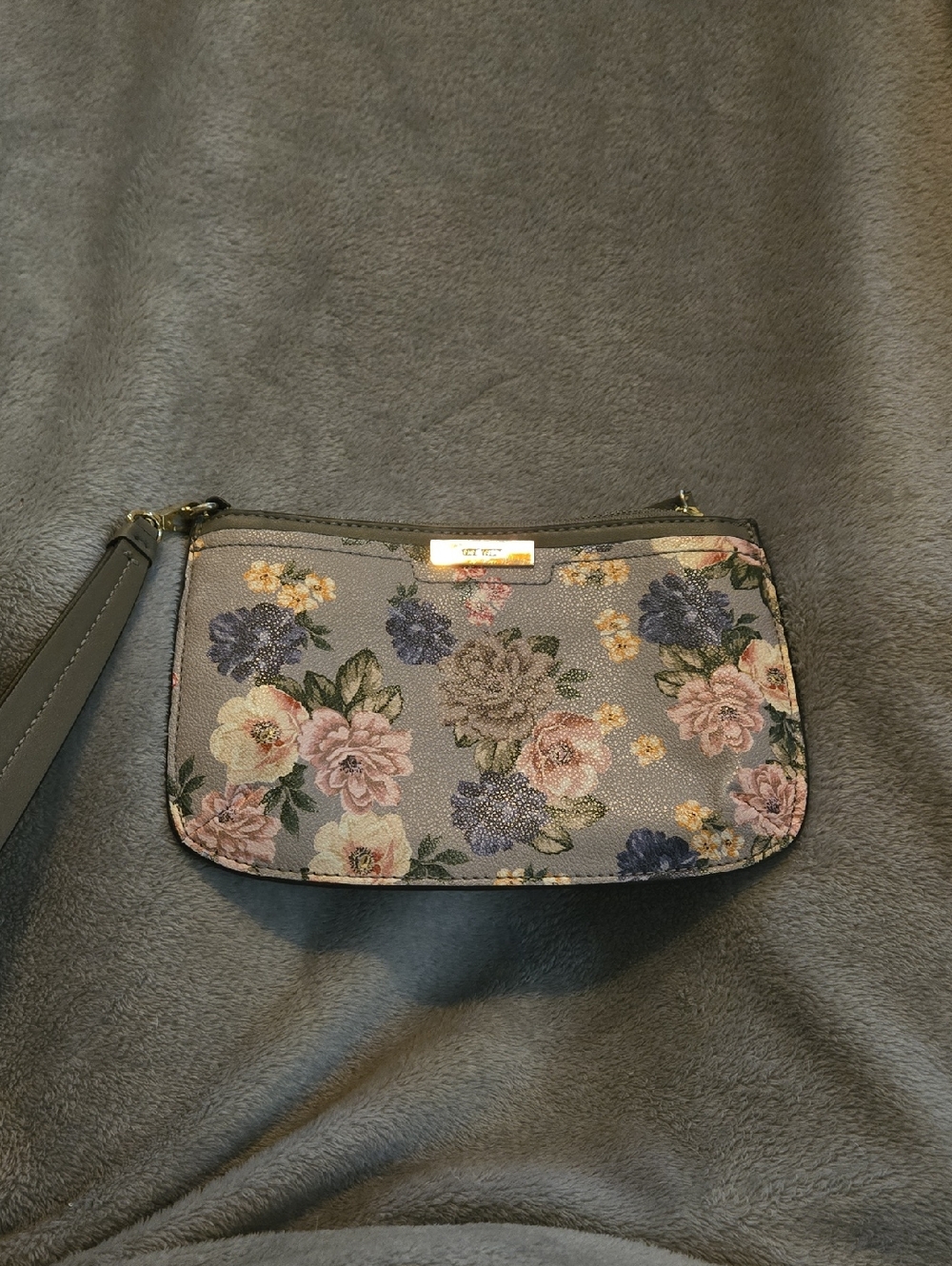 Nine West Gray Floral Wristlet Clutch with Pink & Blue Blooms